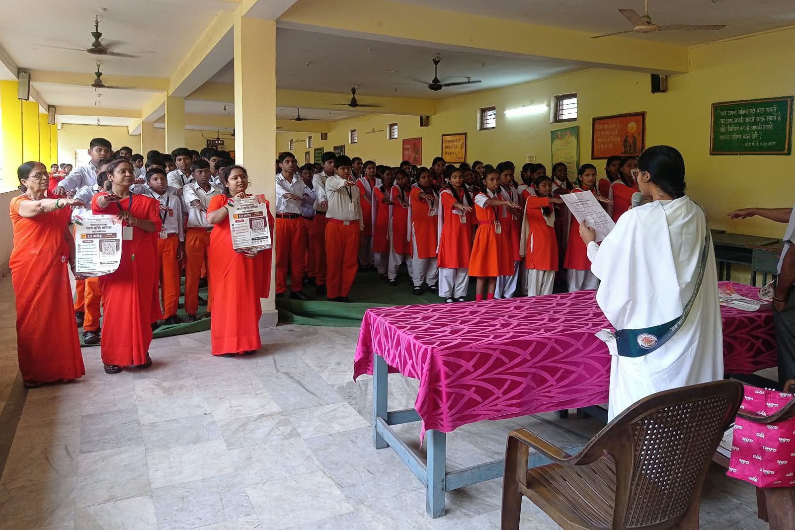 A line of students taking a de-addiction pledge at Gayatri Mandir School, Korba