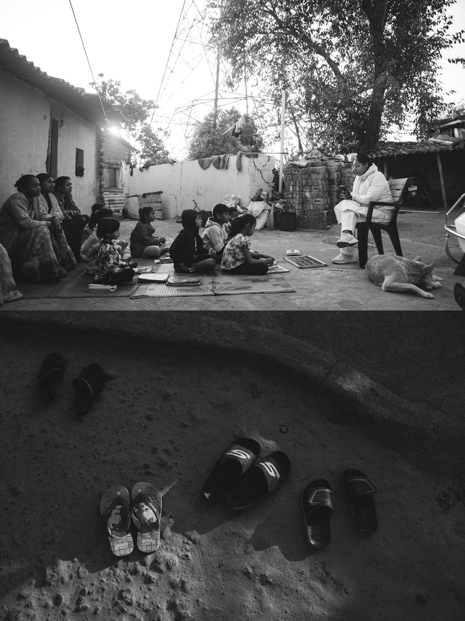 An outdoor class in a Korba courtyard, and children's sandals left in the dirt