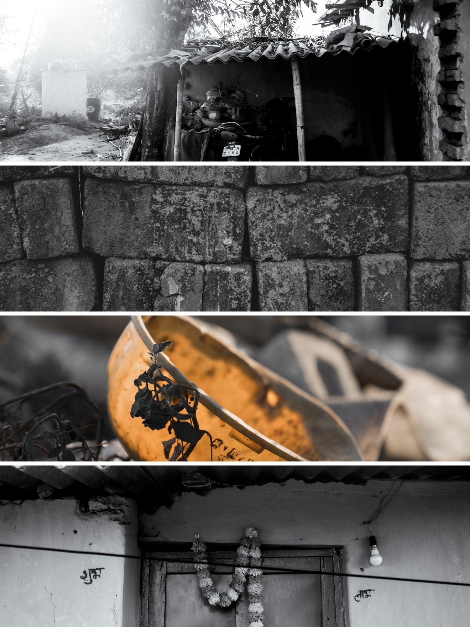 Details of the neighbourhood — a lean-to, a stone wall, a garlanded doorway